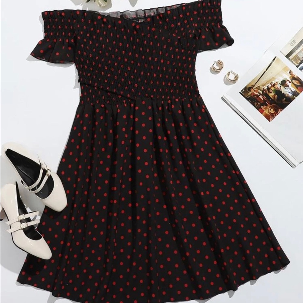 Polka Dot Shirred Bodice Frill Trim Bardot Dress